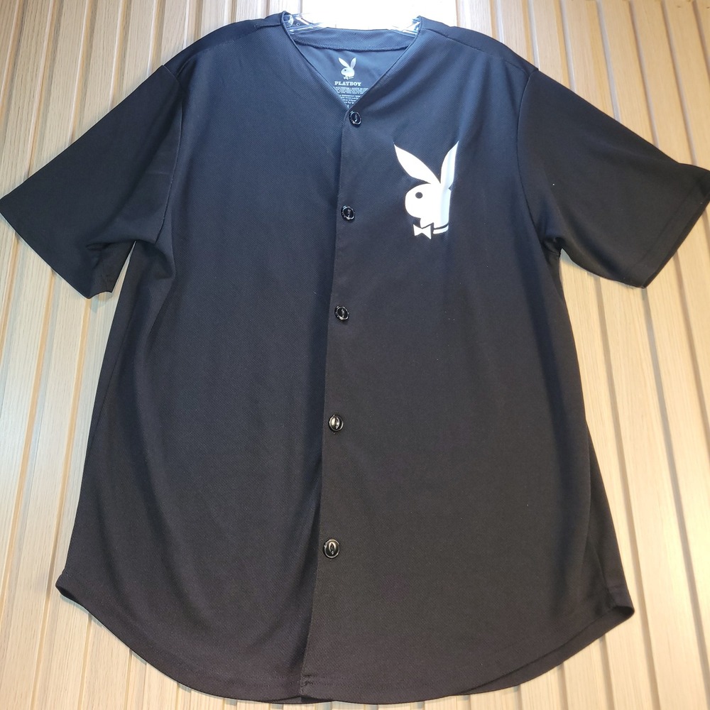 Playboy Mens Baseball Jersey Black Short Sleeve Bunny Logo 53 Graphic Large